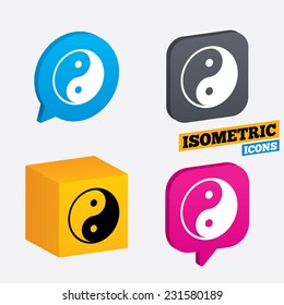 Ying yang sign icon. Harmony and balance symbol. Isometric speech bubbles and cube. Rotated icons with edges. Vector