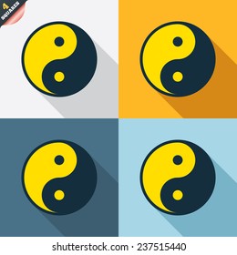 Ying yang sign icon. Harmony and balance symbol. Four squares. Colored Flat design buttons. Vector
