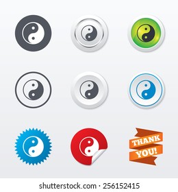 Ying yang sign icon. Harmony and balance symbol. Circle concept buttons. Metal edging. Star and label sticker. Vector