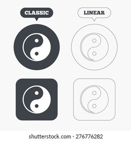 Ying yang sign icon. Harmony and balance symbol. Classic and line web buttons. Circles and squares. Vector