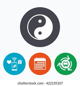 Ying yang sign icon. Harmony and balance symbol. Mobile payments, calendar and wifi icons. Bus shuttle.