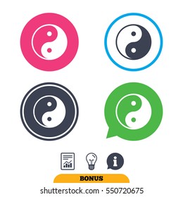 Ying yang sign icon. Harmony and balance symbol. Report document, information sign and light bulb icons. Vector