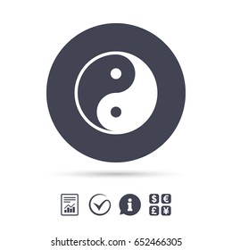 Ying yang sign icon. Harmony and balance symbol. Report document, information and check tick icons. Currency exchange. Vector