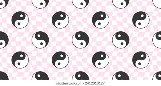 Ying-Yang-Symbol schachelte nahtlose Mustergrafik. Vintage psychedelischer, groovy Yoga Hintergrund. Asiatische Kultur Tapete-Druck, trendige Schachbrettmuster-Friedenstextur.