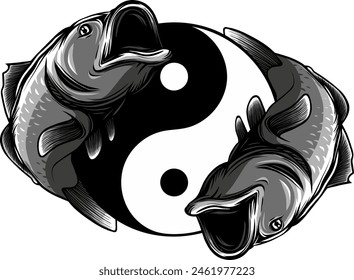 Ying yang symbol with fish. Hand drawn outline Koi fish vector illustration