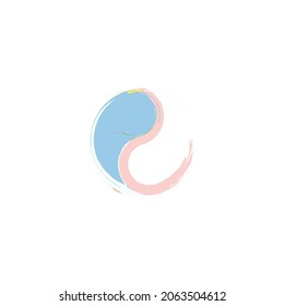 Ying yang symbol hand drawn isolated on white. Blue, pink brush painted stroke in-yan sign vector icon. Artistic design, harmony, balance symbol, baby pink blue colors