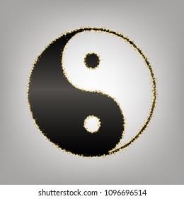 Ying yang symbol of harmony and balance. Vector. Blackish icon with golden stars at grayish background.