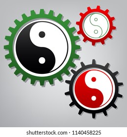 Ying yang symbol of harmony and balance. Vector. Three connected gears with icons at grayish background.