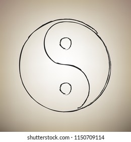 Ying yang symbol of harmony and balance. Vector. Brush drawed black icon at light brown background.