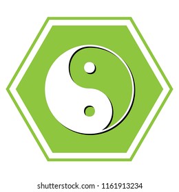 Ying yang symbol of harmony and balance. Vector. White icon with black shadow at yellow green honeycomb on white background.