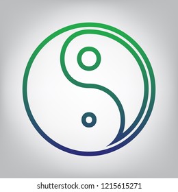 Ying yang symbol of harmony and balance. Vector. Green to blue gradient contour icon at grayish background with light in center.
