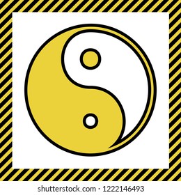 Ying yang symbol of harmony and balance. Vector. Warm yellow icon with black contour in frame named as under construction at white background. Isolated.