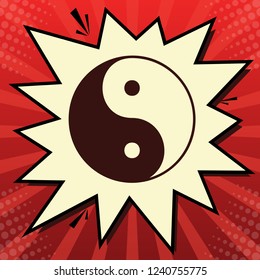 Ying yang symbol of harmony and balance. Vector. Dark red icon in lemon chiffon shutter bubble at red popart background with rays.