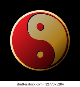 Ying yang symbol of harmony and balance. Vector. Red icon with small black and limitless shadows at golden sticker on black background.