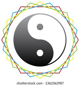Ying yang symbol of harmony and balance. Vector. Black icon with patch of light inside colorful hexagonal frames at white background.