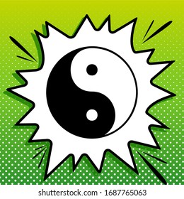 Ying yang symbol of harmony and balance. Black Icon on white popart Splash at green background with white spots. Illustration.