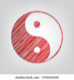 Ying yang symbol of harmony and balance. Red gradient scribble Icon with artistic contour gray lines on light gray Background. Illustration.