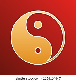 Ying yang symbol of harmony and balance. Golden gradient Icon with contours on redish Background. Illustration.