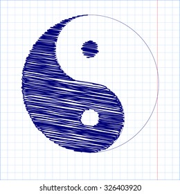Ying yang symbol of harmony and balance with pen and school paper effect  