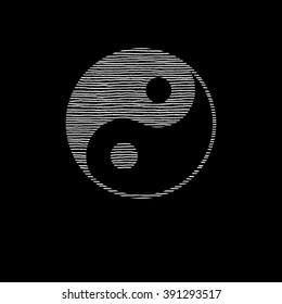 Ying yang symbol of harmony and balance. Sacred geometry. Hand drawn texture. Dark gray background.