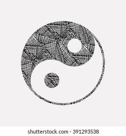 Ying yang symbol of harmony and balance. Sacred geometry. Hand drawn texture. Gray background.