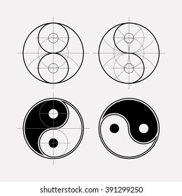  Símbolo Ying yang de armonía y equilibrio.Geometría sagrada. Ornamento geométrico de línea en los símbolos esotéricos orientales.