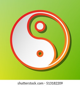 Ying yang symbol of harmony and balance. Contrast icon with reddish stroke on green backgound.
