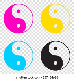 Ying yang symbol of harmony and balance. CMYK icons on transparent background. Cyan, magenta, yellow, key, black.