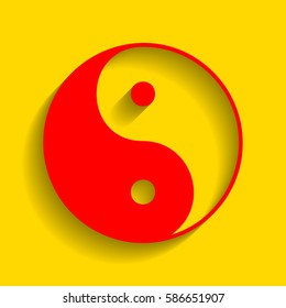 Ying yang symbol of harmony and balance. Vector. Red icon with soft shadow on golden background.