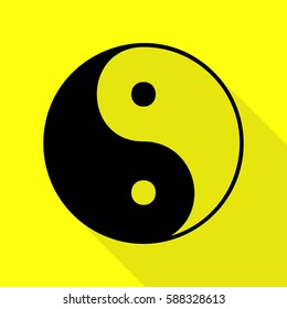 Ying yang symbol of harmony and balance. Black icon with flat style shadow path on yellow background.