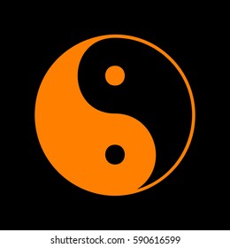 Ying yang symbol of harmony and balance. Orange icon on black background.