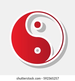 Ying yang symbol of harmony and balance. Vector. New year reddish icon with outside stroke and gray shadow on light gray background.