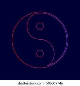 Ying yang symbol of harmony and balance. Vector. Line icon with gradient from red to violet colors on dark blue background.