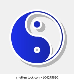Ying yang symbol of harmony and balance. Vector. New year bluish icon with outside stroke and gray shadow on light gray background.