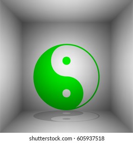 Ying yang symbol of harmony and balance. Vector. Green icon with shadow in the room.