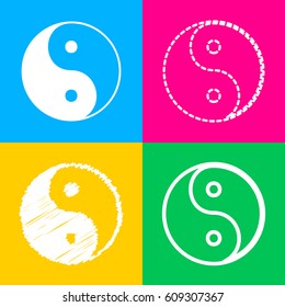 Ying yang symbol of harmony and balance. Four styles of icon on four color squares.