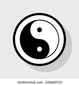 Ying yang symbol of harmony and balance. Vector. Flat black icon in white circle with shadow at gray background.