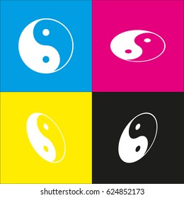 Ying yang symbol of harmony and balance. Vector. White icon with isometric projections on cyan, magenta, yellow and black backgrounds.