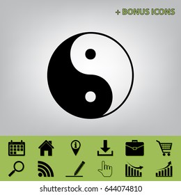 Ying yang symbol of harmony and balance. Vector. Black icon at gray background with bonus icons at celery ones