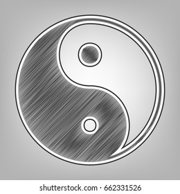 Ying yang symbol of harmony and balance. Vector. Pencil sketch imitation. Dark gray scribble icon with dark gray outer contour at gray background.