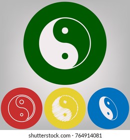 Ying yang symbol of harmony and balance. Vector. 4 white styles of icon at 4 colored circles on light gray background.