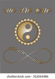 Ying Yang symbol, Infinity sign with love text We are one, I love you note Love card Unity and balance concept Mystic spiritual Taoism symbols: gold lines Metallic gold and black lines