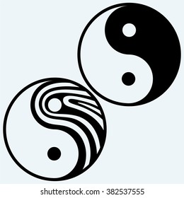 Ying yang symbol. Isolated on blue background. Vector silhouettes