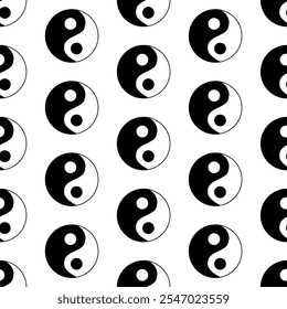 Ilustración de patrón sin fisuras de símbolo Ying yang. Gráfico de Vector con fondo transparente. Estampado de Fondo de pantalla de cultura asiática, textura de paz de tablero de damas ondulado de moda.
