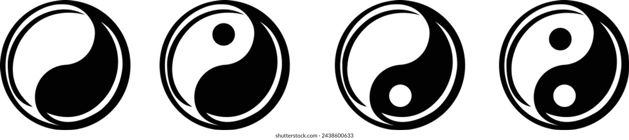 Ying Yang Symbol Set für Gleichgewicht und Harmonie flache Vektor-Ikone, Vektor Design Elemente. Schwarz-Weiß Yin Yang, isoliert auf transparentem Hintergrund, Logo der Meditation, Karma, Buddhismus und Japan.