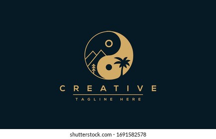 Ying & Yang Symbol Vector Illustration. Nature Mountains Tree Sun Logo Type.