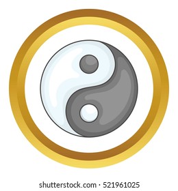 Ying yang vector icon in golden circle, cartoon style isolated on white background