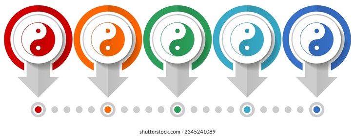 Ying yang vector icon set, flat design infographic template, set pointer concept icons in 5 color options for webdesign and mobile applications