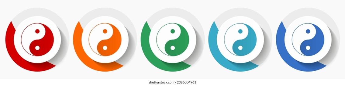 Ying yang vector icon set, flat design colorful round icons in 5 color options for webdesign and mobile applications