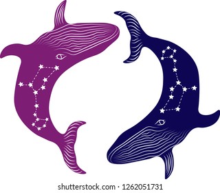 Ying Yang Whales Cute Animal Vector Illustration